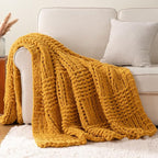 Bunnikins & Clover Mustard Yellow Throw Blanket for Couch, Chunky Knit Gold Blanket Throw with Chenille Yarn for Bed Living Room Home Decor, 50"x60"