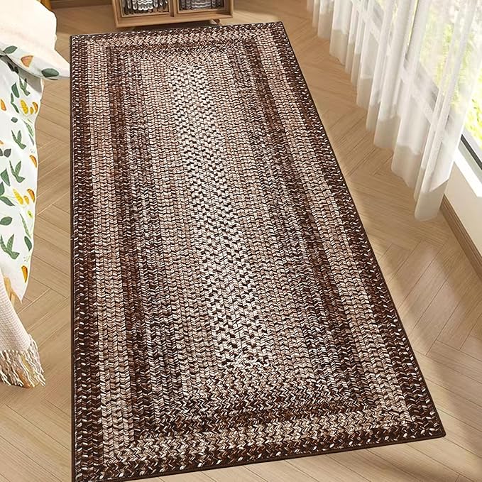 RUGSREAL 2x6 Boho Runner Rug Braided Print Hallway Area Rug Machine Washable Throw Floor Cover Non Slip Moroccan Runner Carpet for Kitchen Farmhouse Rustic Carpet for Living Room Bedroom, Brown