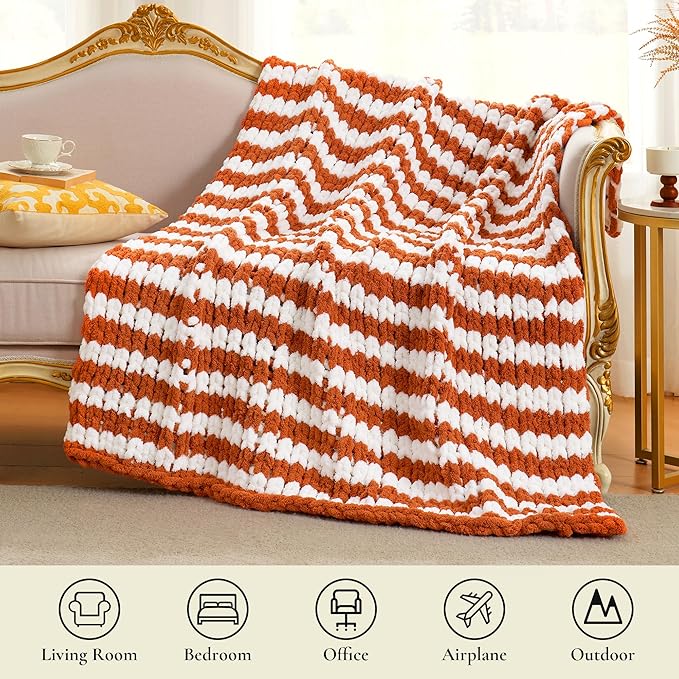 Amélie Home Chunky Knit Throw Blanket for Couch, Soft Chenille Handmade Crochet Throw Rope Knot Blanket for Couch, 50"x60", Burnt Orange & White Striped