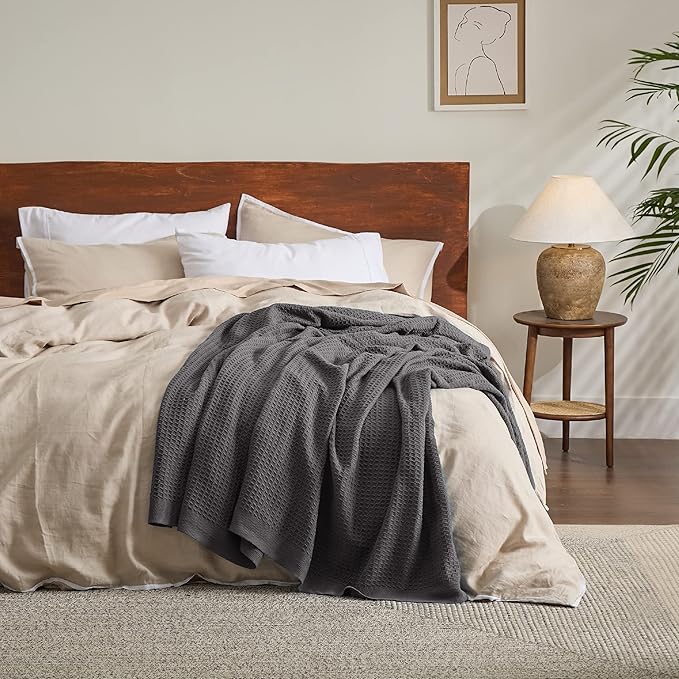 Bedsure Gentlesoft 100% Cotton Blanket Queen Size for Bed - Cooling Breathable and Soft for Spring Summer, Thick Cozy Waffle Weave Blanket Gifts for Women, Dark Grey, 90x90 Inches