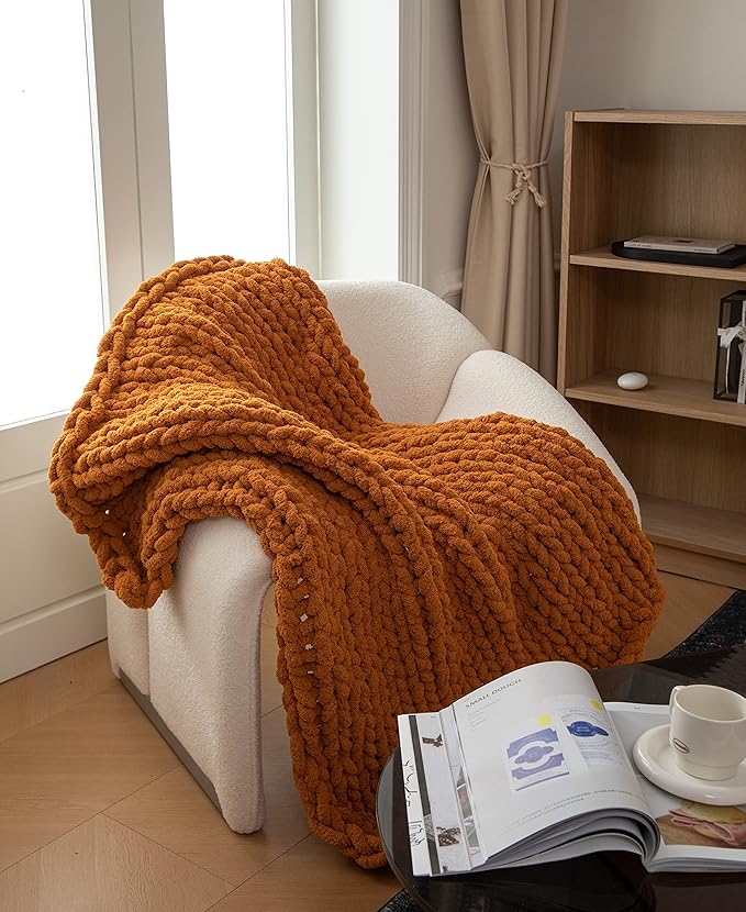 Chunky Knit Blanket Soft Chenille Yarn Knitted Throw Blanket 50"X60" Handmade Cable Warm Thick Giant Blanket for Couch Bed Trips (Burnt Orange, Throw 50¡°x60¡±)¡­