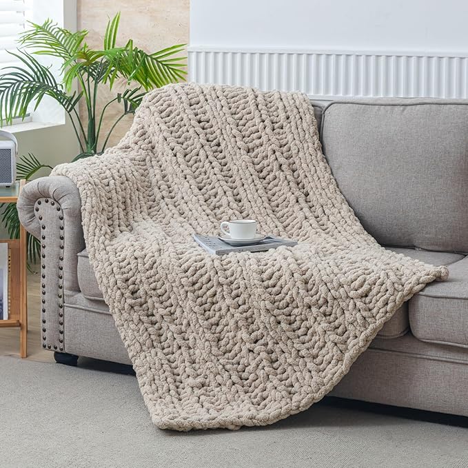 WESHIONGOO Chunky Knit Blanket Throw 40"×60" Knitted Throw Blankets for Couch Bed Fluffy Soft Blanket with Jumbo Chenille Yarn Thick 100% Handmade (Linen, Medium Size Throw)