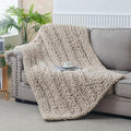 WESHIONGOO Chunky Knit Blanket Throw 40"×60" Knitted Throw Blankets for Couch Bed Fluffy Soft Blanket with Jumbo Chenille Yarn Thick 100% Handmade (Linen, Medium Size Throw)