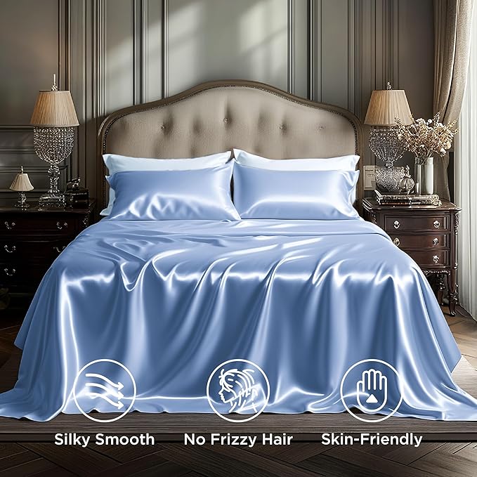 Bedsure Satin Sheets Full Size - 4 Piece Silky Bedsheets with Elastic Corner Straps and 15 Inches Deep Pocket Fitted Bedsheet,1 Flat Sheet, 2 Satin Pillowcases, Good for Hair & Skin (Full, Sky Blue)