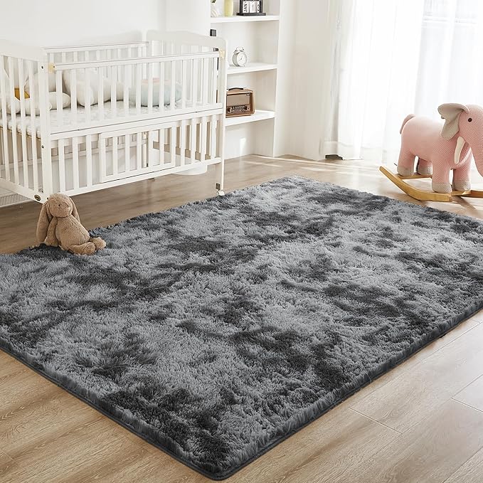 Litanika 9x12 Shag Area Rug for Living Room Bedroom, Tie-Dyed Dark Grey High Pile Soft Plush Shaggy Furry Bedside Playroom Dorm Carpet, Non-Slip, Non-Shedding Modern Indoor Floor Rug