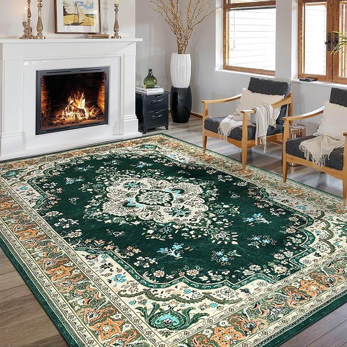 CRYPTOLITE Living Room Rug 7x10, Machine Washable Area Rug Non Slip Low Pile Rug for Living Room, Bedroom, Farmhouse, Dining Room, Green