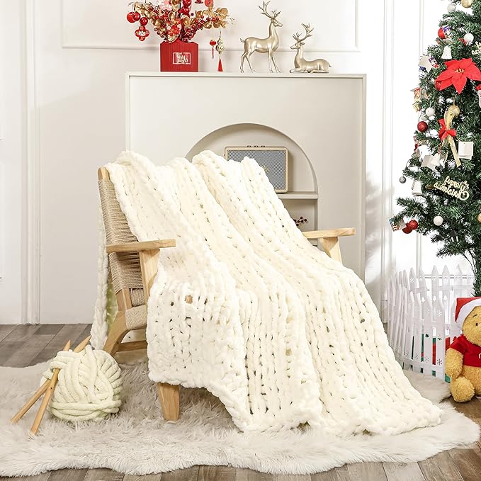 WESHIONGOO Chunky Knit Throw Blanket 51"×63" Knitted Throw Blankets for Couch Bed Fluffy Soft Blanket with Jumbo Chenille Yarn Thick 100% Handmade (Cream White)