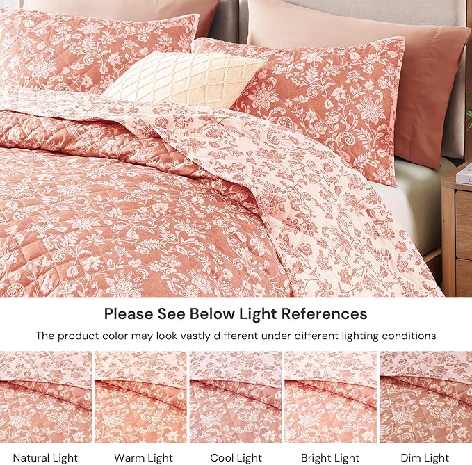 BLOOMHAVEN Quilt Set Queen Size, Clay Pink Floral Quilt Sets, Reversible Bedspread Lightweight and Breathable for All Seasons, Soft Quilted Bedspread with 2 Pillow Shams