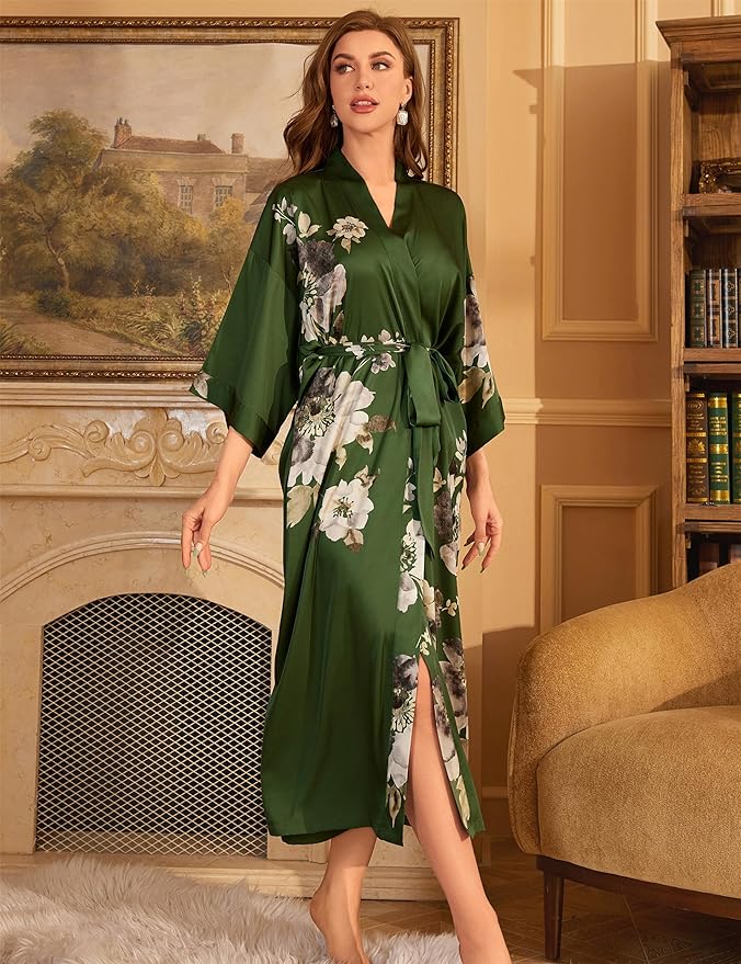 Kihnop Women's Floral Long Kimono Robe Long Satin Robe Long Silk Robe Ladies Kimonos Silky Bathrobe Cover Up, One Size