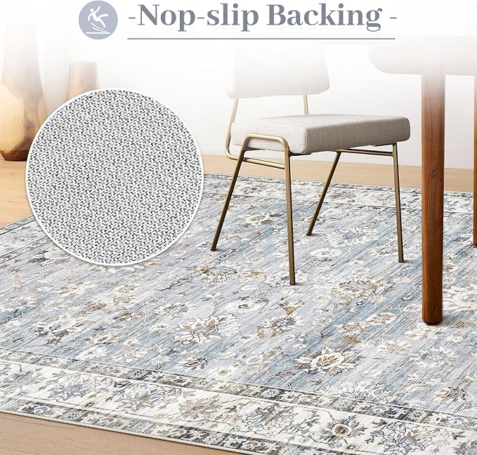 XLUEZ Area Rug 10x14 Living Room Rugs, Machine Washable Vintage Distressed Boho Area Rug Non-Slip Soft Low Pile Large Indoor Rugs for Bedroom Kitchen Dining Room Office(Light Blue,10'x14')