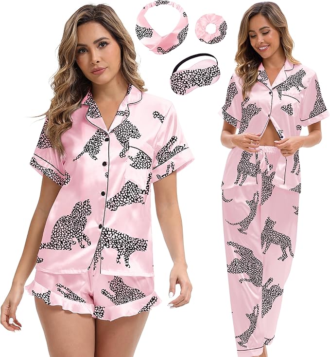 Silk Satin Pajama Set for Women 3-piece Short Sleeve Pajama with Pants Ruffle Shorts Cute Pj Set Button Down Sleepwear