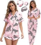 Silk Satin Pajama Set for Women 3-piece Short Sleeve Pajama with Pants Ruffle Shorts Cute Pj Set Button Down Sleepwear