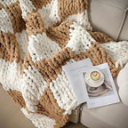 Tudomro Checkered Chunky Knit Throw Blanket for Couch 50 x 60 Inches Neutral Decor 100% Hand Knitted Cozy Soft Large Rope Knot Crochet Blankets for Sofa Living Room(Ivory and Brown)