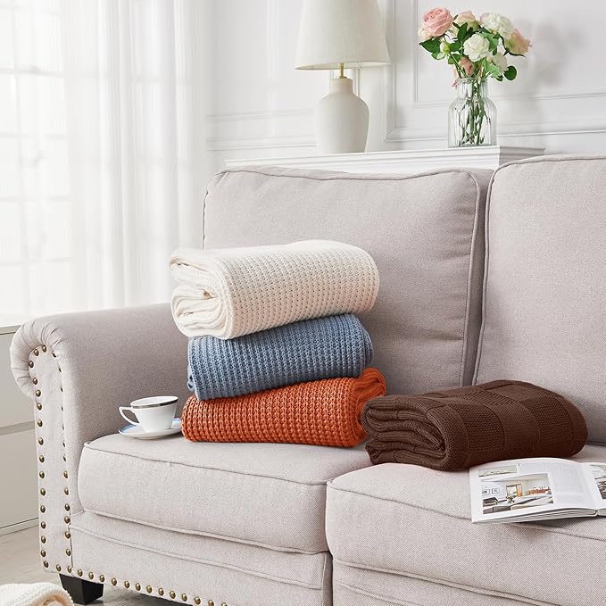 Douceur Rust Orange Throw Blanket for Bed, Soft Chunky Cable Knit Throw Blanket, Classic Fisherman's Rib Stitch Pattern Throw for Living Room,60"X80"