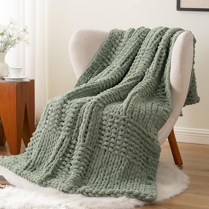 Bunnikins & Clover Sage Green Throw Blanket for Couch, Chunky Knit Blanket Throw with Chenille Yarn for Bed Living Room Home Decor, 50"x60"