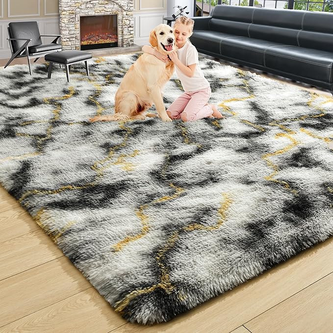Noahas Fluffy 4x6 Area Rugs for Bedroom Living Room,Thick Shag Grey and Gold Throw Floor Carpet,Soft Shaggy Bedside Non-Slip Plush Dorm Nursery Kids Rug