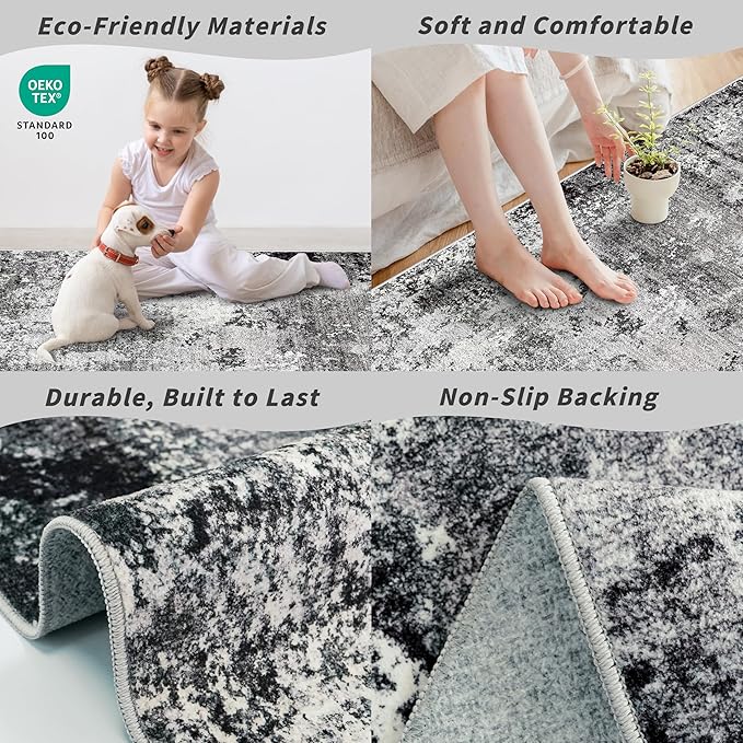 3x10 Washable Hallway Runner Rug - Non Slip Modern Wide Carpet for Kitchen Entryway Bathroom with Rubber Backing,Low Pile Thin Long Floor Runner Indoor（Black Grey,3x10）