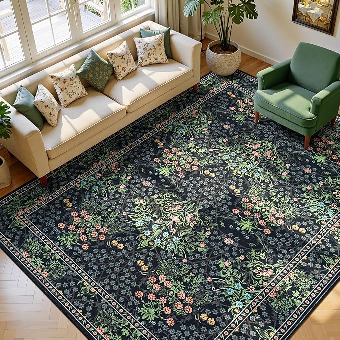Lessymo Area Rugs 9x12 Living Room, Soft Washable Rug for Bedroom Dining Room Nursery Farmhouse, Boho Non Slip Low Plie Large Carpet Vintage Moody Dark Boho Flower, Black Green