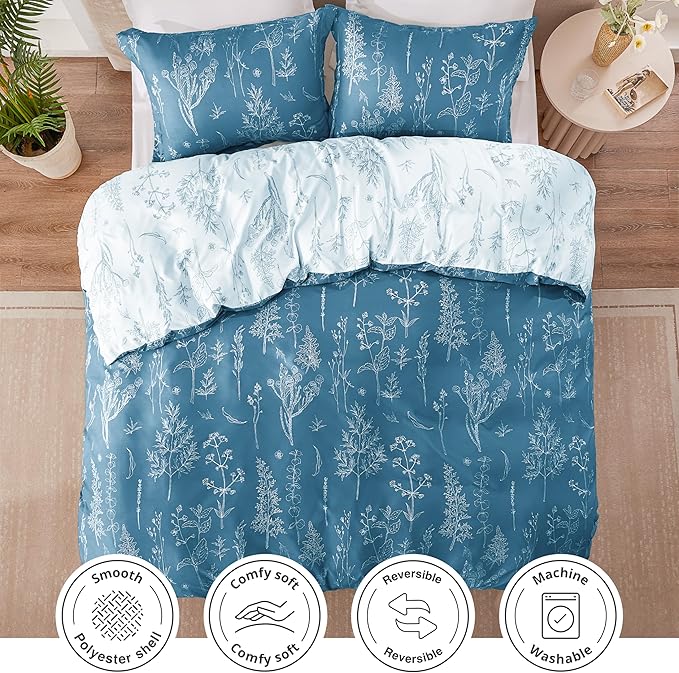 Love's cabin Mineral Blue Comforter Set King - King Size Comforter Set, 3 Pieces Cute Floral Bedding Sets for All Seasons,1 Soft Reversible Botanical Flowers Comforter and 2 Pillow Shams
