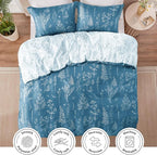 Love's cabin Mineral Blue Comforter Set Queen - Queen Size Comforter Set, 3 Pieces Cute Floral Bedding Sets for All Seasons,1 Soft Reversible Botanical Flowers Comforter and 2 Pillow Shams
