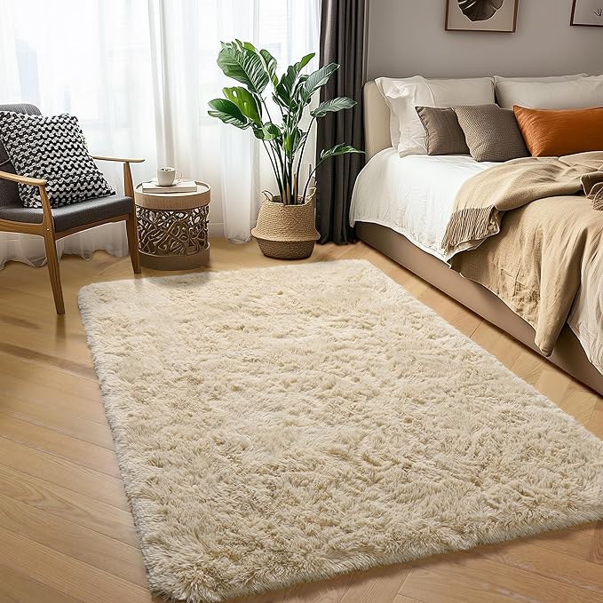 Amdrebio Beige Area Rugs for Bedroom Kids Room Decor, Fluffy Plush Shaggy Furry Fuzzy Small Rug 3x5 for Home Office Preppy Dorm, Soft Cute Shag Neutral Tan Carpet for Teens Baby Nursery Playroom