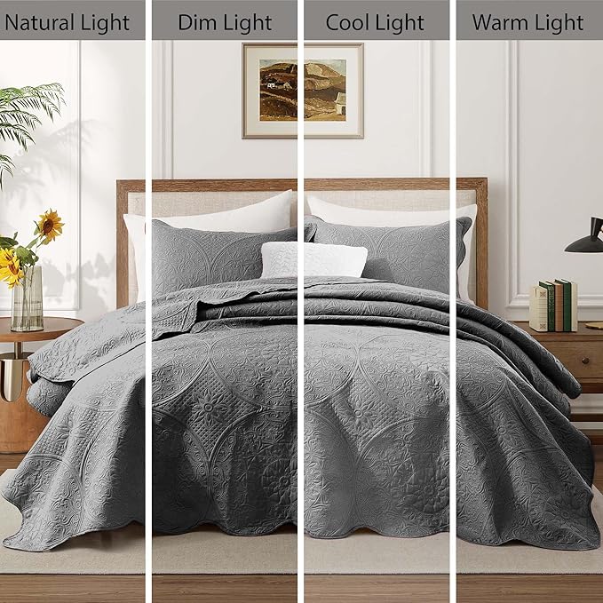IR Imperial Rooms 10 Pack Queen Quilt Bedding Set (90" x 96") - Bulk Wholesale for Hotels, Guest Bedroom & Airbnbs - Lightweight Microfiber Reversible Floral Embossed Quilts Bedspreads (Grey)