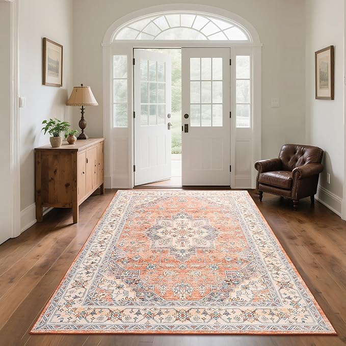 CRYPTOLITE Vintage Area Rug 5x7 Rugs, Machine Washable Rug Non-Slip Low Pile Rug for Living Room, Bedroom, Farmhouse, Dining Room, Orange