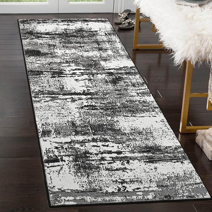 Runner Rug 2x6 Washable Rug Runners for Hallways Kitchen Non-Slip Rugs Abstract Print Soft Faux Wool Carpet Runner for Entryway Indoor, Bedroom Bedside, Laundry, Dorm, Home Decor (Black and Grey)