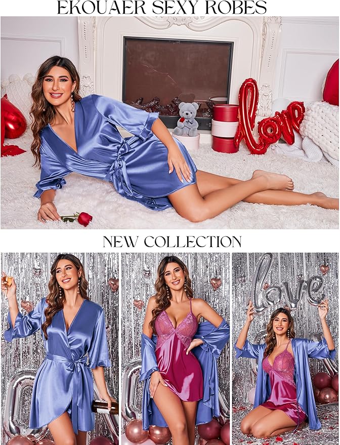 Ekouaer Women's Satin Robe Valentines Lingerie for Women Kimono Bathrobe Short Ruffle Belted Robes Bridesmaids Sleepwear