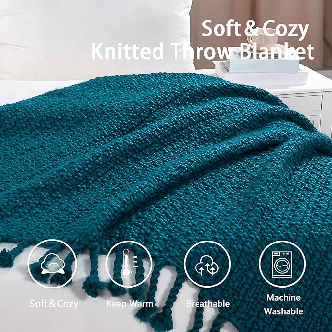 Chunky Knit Throw Blanket with Braided Tassels 50" x 60", Hand Knitted Soft Thick Yarn Basket Weave Boho Farmhouse Blanket, Plush Fluffy Tassel Decor Throw for Couch Bed Sofa, Dark Teal
