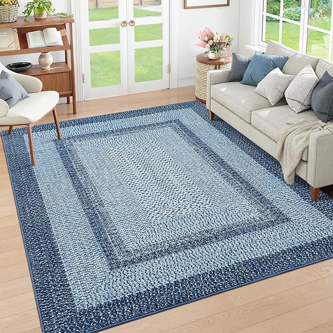 RUGSREAL 8x10 Braided Print Area Rug Washable Rug Non Slip Farmhouse Rustic Floor Carpet Boho Dining Room Carpet Modern Geometric Throw Floor Cover Bohemian Border Rug for Living Room Bedroom, Blue