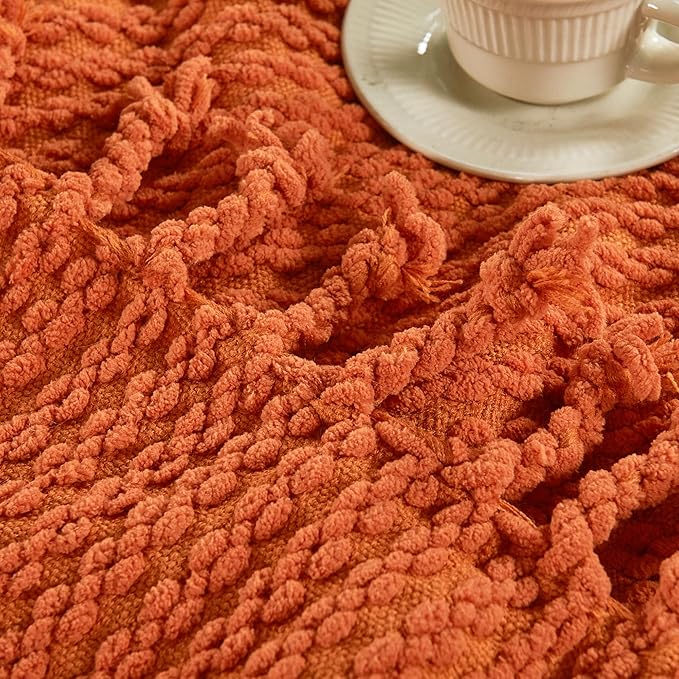 Striped Knit Throw Blanket with Braided Tassels 50" x 60", Hand Knitted Soft Chunky Chain Design Boho Farmhouse Blanket, Solid Color Tassel Decor Throw for Couch Bed Sofa Outdoor, Burnt Orange