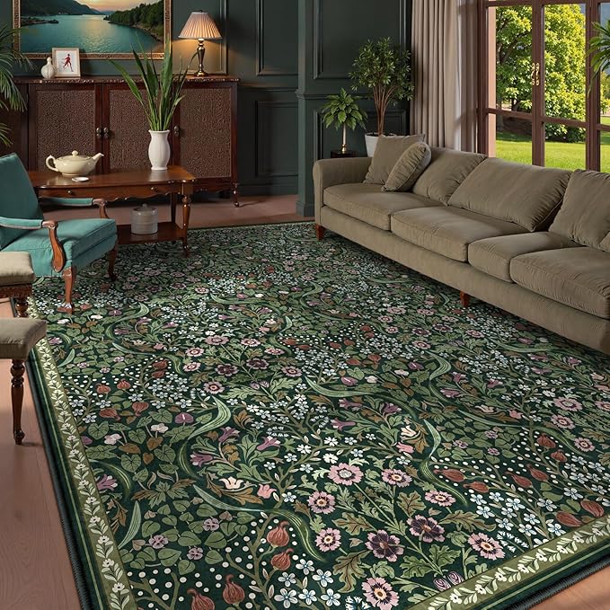 Lahome Claude Floral Area Rugs 9x12 Living Room, Green Soft Bedroom Rugs Non Slip, Thin Dining Room Carpet, Non Shedding Print Carpets for Guestroom