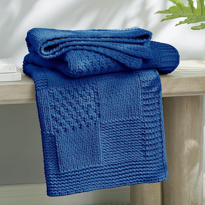 Amélie Home Knit Throw Blanket, Soft Chenille Cozy Breathable Checkered Chunky Decorative Blanket for Couch, Bed & Sofa, French-Inspired Lightweight Warm Gift for Women, Royal Blue, 50"x60"