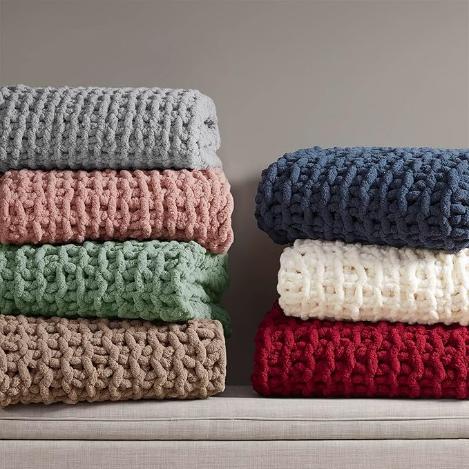 Madison Park Chenille Chunky Knit Handmade Throw Blanket, Luxuriously Soft Gift Blankets, Cottage Style Room Décor, Lightweight & Breathable All Seasons Throw Blanket for Couch, 50" W x 60" L Blush