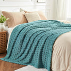 NEWCOSPLAY Super Soft Queen Blanket Teal Premium Silky Flannel Fleece 3D Waffle Checkered Lightweight Bed Blanket All Season Use (Light Teal, Queen(90"x90"))