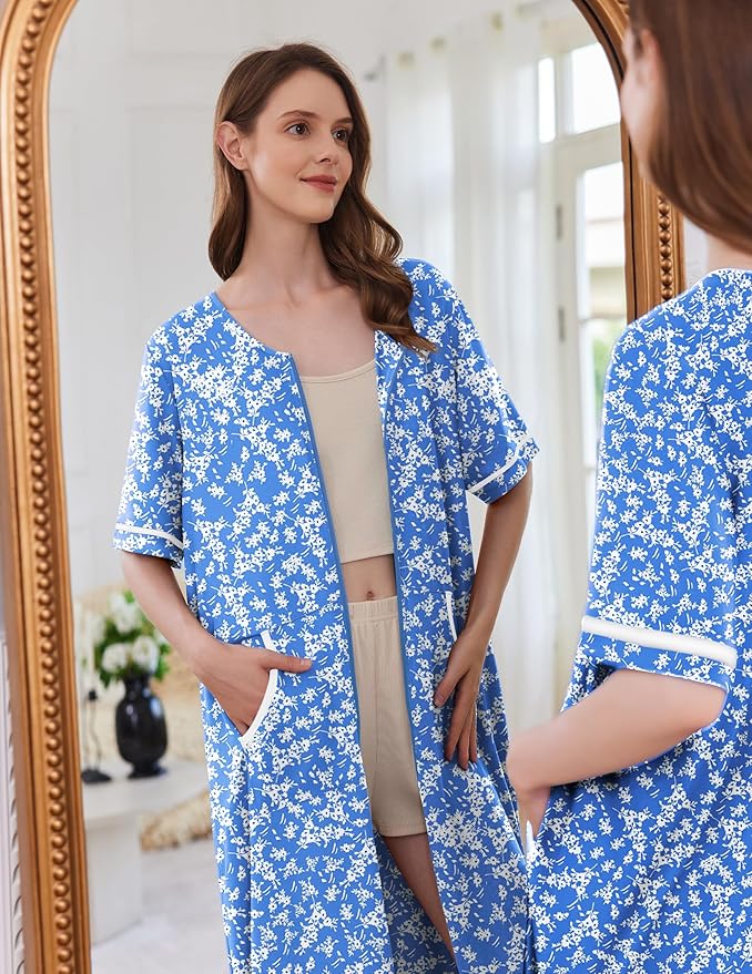 Ekouaer Women Zipper Robe Short Sleeve Duster Housecoat Short Bathrobes Zip Front Nightgown with Pockets S-3XL