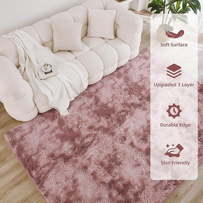 Litanika 5x8 Shag Area Rug for Living Room Bedroom, Tie-Dyed Dusty Pink High Pile Soft Plush Shaggy Furry Bedside Playroom Dorm Carpet, Non-Slip, Non-Shedding Modern Indoor Floor Rug