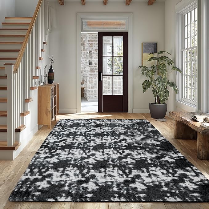 Litanika 6x9 Fluffy Shag Faux Fur Area Rug for Living Room Bedroom, Tie-Dyed Black White High Pile Soft Plush Shaggy Furry Bedside Playroom Dorm Carpet, Non-Slip, Non-Shedding Modern Indoor Floor Rug