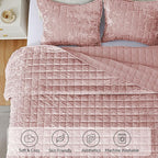 BEDELITE Velvet Quilt Set Queen Size - Luxury Velvet Comforter Bedding Set 3 Pieces, Lightweight Soft Cozy Shiny Dusty Pink Oversized Bedspread Coverlet for All Seasons with 2 Pillow Shams