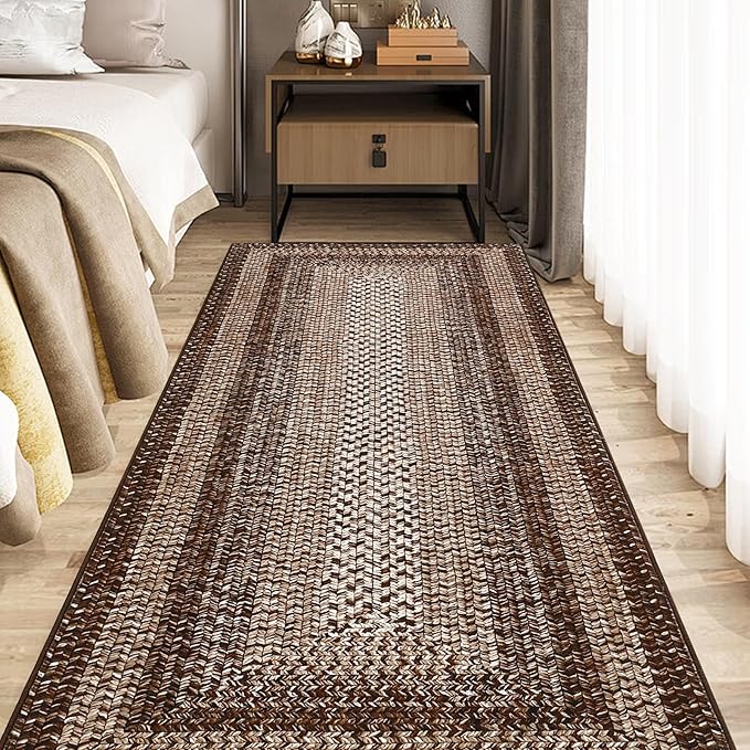 RUGSREAL Runner Rug for Hallway Kitchen Runner Carpet 2x10, Machine Washable Long Runner Throw Mat, Non Slip Entryway Rug Stain Resistant Braided Printed Carpet for Bedroom Living Room, Brown