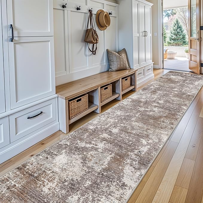 3x16 ft Non-Slip Hallway Runner Rug – Washable Rubber Backed Large Carpet Runner for Hall, Kitchen Floor, Entryway, Bedroom, Living Room – Abstract Modern Neutral Low-Pile Thin (Brown Beige, 3x16)