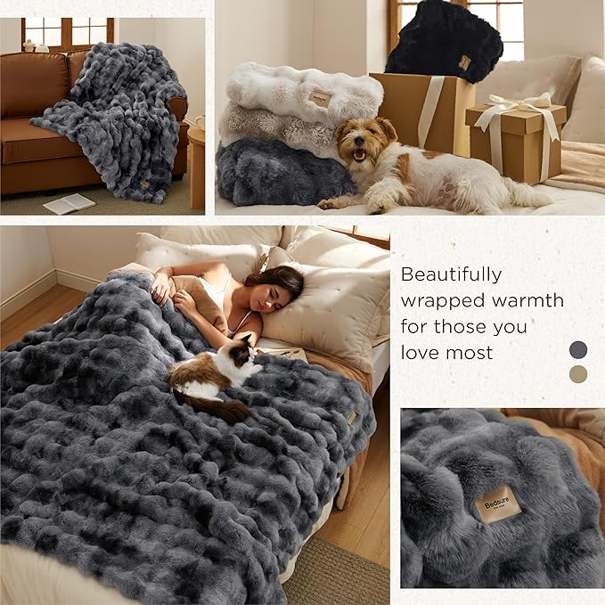 Bedsure GentleSoft Fluffy Fuzzy Tie-dye Dark Grey Throw Blanket for Men, Soft Cozy Minky Fleece Faux Fur Blanket for Couch, Mens Room Decor Charcoal Gray Bed Cover, Thick Warm Plush Gifts