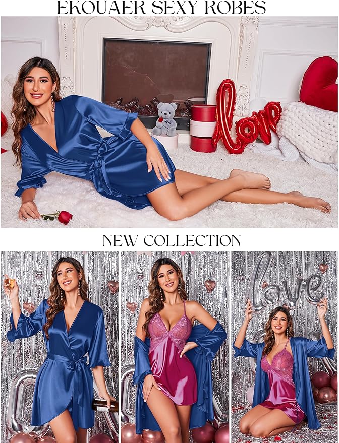Ekouaer Women's Satin Robe Valentines Lingerie for Women Kimono Bathrobe Short Ruffle Belted Robes Bridesmaids Sleepwear