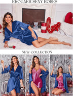 Ekouaer Women's Satin Robe Valentines Lingerie for Women Kimono Bathrobe Short Ruffle Belted Robes Bridesmaids Sleepwear