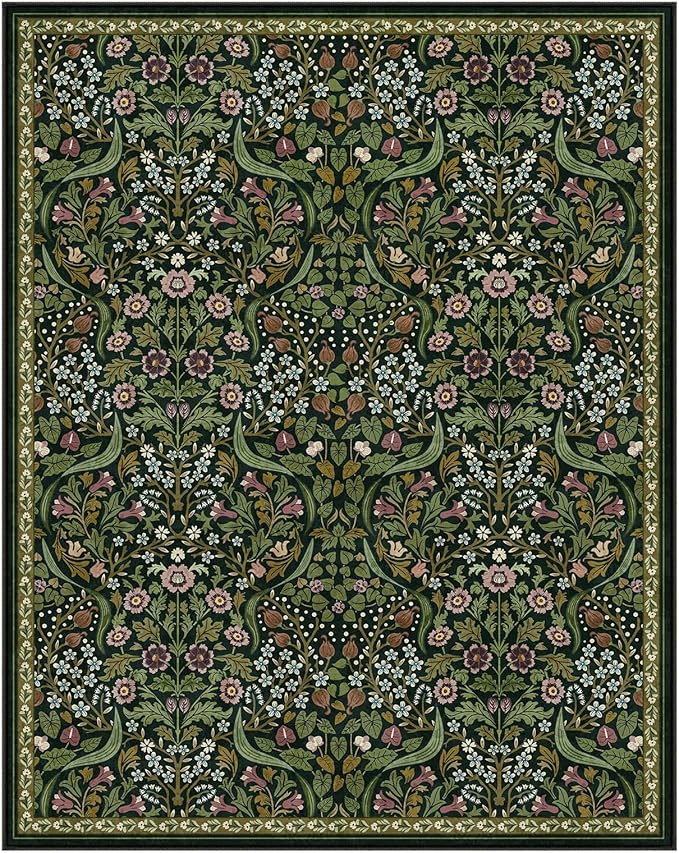 Lahome Claude Floral 8x10 Green Living Room Rugs, Large Washable Area Rug for Bedroom Rubber Backed, Botanical Thin Stain-Resistant Carpet for Dining Room Under Table, Kids Room, Nursery