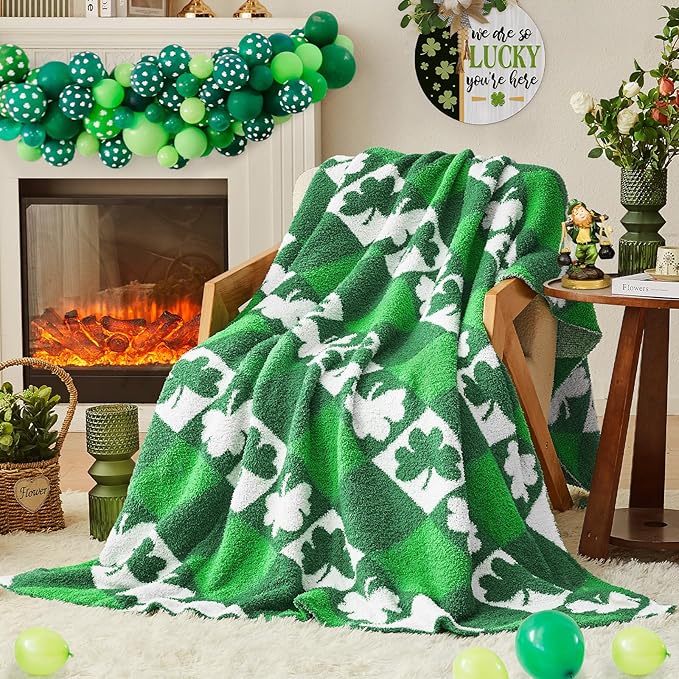 CYMULA St. Patrick's Day Knit Throw Blanket - Super Soft Lightweight Plush Shamrock Clover Blanket for Couch, Bed, Sofa, 60 x 80 Inches, Irish Green