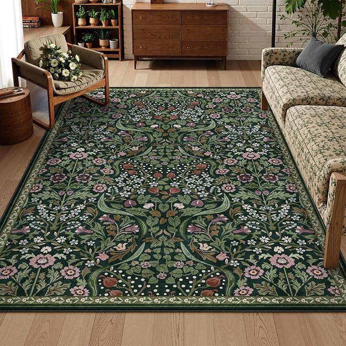 Lahome Claude Floral Living Room Rug, 6x9 Soft Washable Rugs for Bedroom, Thin Green Area Rug for Dining Room, Non Shedding Print Carpet for Guestroom