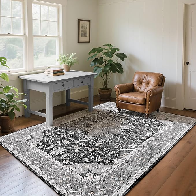 CRYPTOLITE Living Room Rug 7x10, Machine Washable Area Rug Non Slip Low Pile Vintage Rug for Living Room, Bedroom, Farmhouse, Dining Room, Kids Playroom, Grey