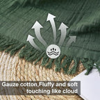 Cotton Muslin Throw Blanket with Tassels, Lightweight Woven Gauze, Pre-Washed Breathable Farmhouse Decor for Bed, Couch, All-Season Use (Olive Green, 50" x 60")